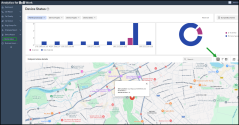  Device Status dashboard: Site Location map showing endpoint status charts and a table, with a highlighted site location map icon used to view endpoint locations geographically and correlate in-service and out-of-service devices by site